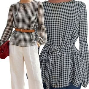 Max Studio chiffon gingham peasant blouse with removable tie belt size S